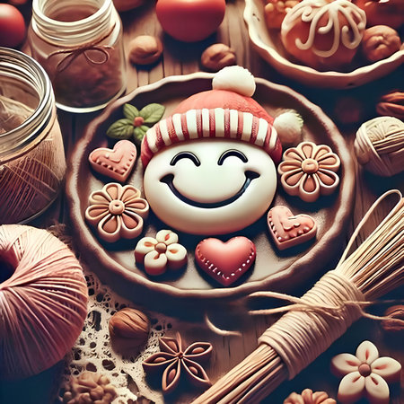Cute snowman made of gingerbread cookies on wooden background.の素材