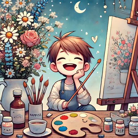 Cartoon boy painting on canvas in front of easel with flowersの素材