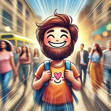 Happy man with a beard on the background of people walking in the cityの素材