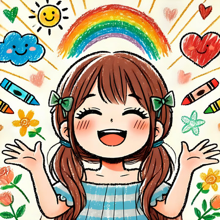 Illustration of a cute little girl with a rainbow in the backgroundの素材
