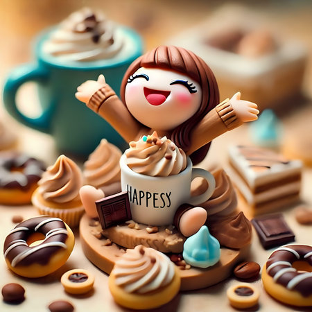 Cup of coffee with a girl and sweets. 3d illustration.の素材