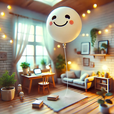 Smiling balloon on the background of the living room. 3d rendering.の素材