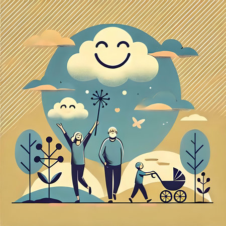 Happy family with baby in the park. Vector illustration in flat styleの素材