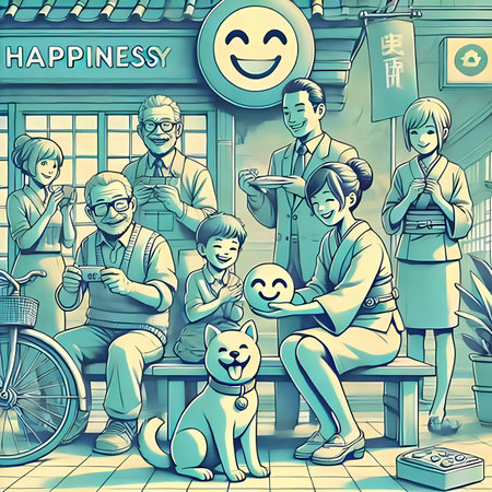 Happy family in the cafe. Vector illustration of a happy family.の素材