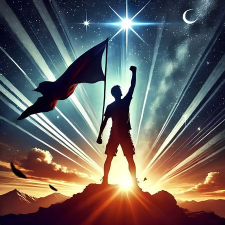 Silhouette of man with flag on the top of the mountainの素材