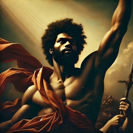 Portrait of a man with afro hairstyle holding a sword.の素材