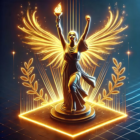 3d illustration of a golden statue of a woman with a burning torch.の素材