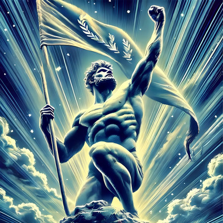 Statue of Zeus with the flag of Greece in the sky.の素材