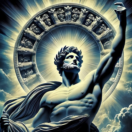 Statue of Zeus in front of the Greek shield. 3D illustration.の素材