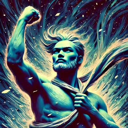 Digital illustration of an ancient warrior with a sword in his hand.の素材