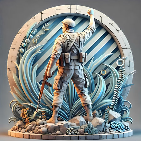 3D illustration of a soldier standing on a round pedestal.の素材