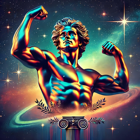 Statue of Zeus on the background of the universe with stars.の素材