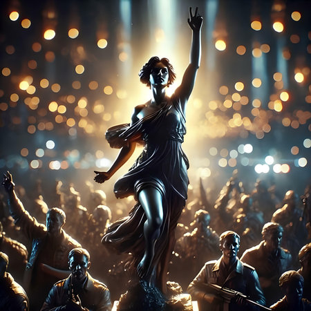 Silhouette of dancing woman with hands raised in front of a crowdの素材