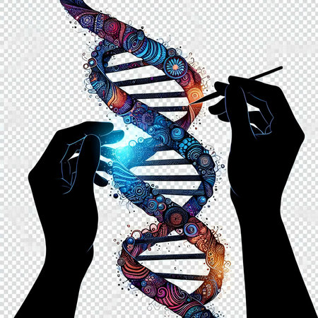 DNA helix. Vector illustration of human hands holding DNA strand.の素材