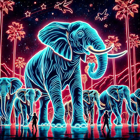 Elephants and palm trees at night. Colored illustration.の素材