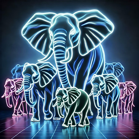 Elephants in the neon light, 3d rendering. Computer digital drawing.の素材