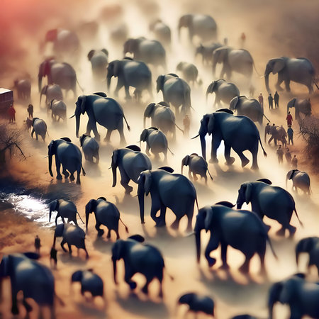 Elephants in a foggy forest. 3D illustration.の素材