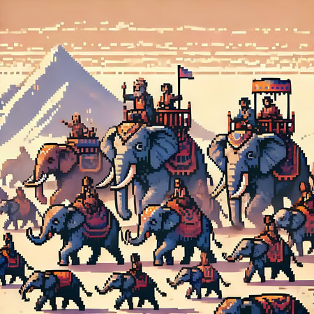 Pixel art vector illustration of a group of elephants and pyramids.の素材