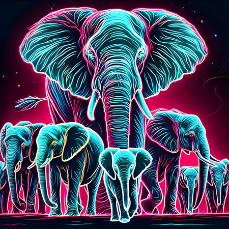 Elephants in the night. Vector illustration of an elephant.の素材