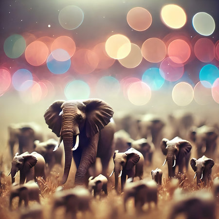 Elephants and bokeh background. 3D illustration.の素材