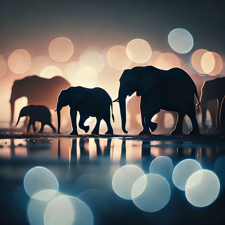 Elephants silhouettes on abstract background with bokeh effectの素材