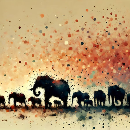 Silhouette of elephants on watercolor splashes background. Vector illustration.の素材
