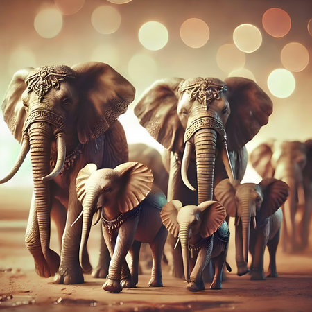 Elephants on a wooden background. Vintage style toned pictureの素材