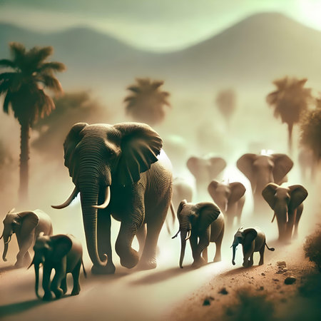 Elephants on the road in the desert. 3d renderingの素材