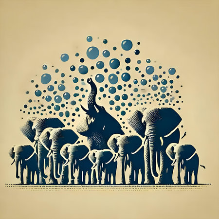 Silhouette of a group of elephants and bubbles. vector illustrationの素材