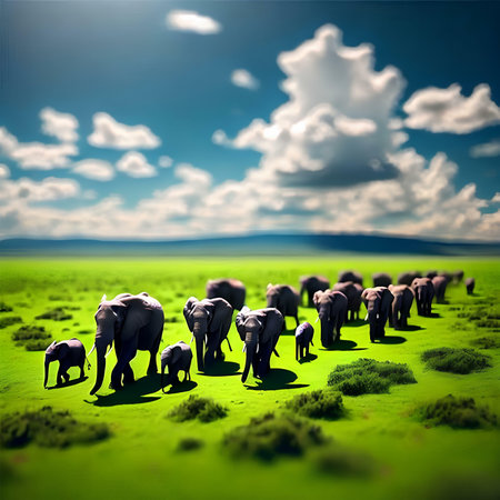 Elephants in the green field. 3d rendering. Computer digital drawing.の素材