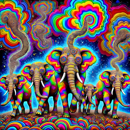 Elephants in the jungle. Colorful psychedelic fractal background.の素材
