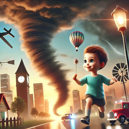 Cute little boy running on the road with a toy airplane flying in the skyの素材