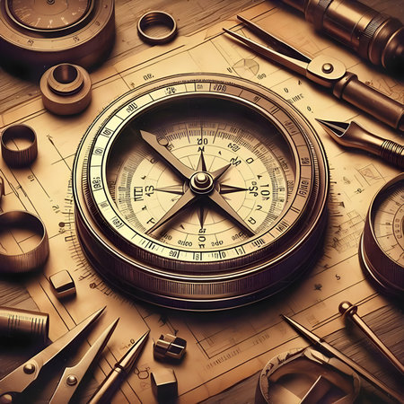 Compass on old map. Vintage style toned picture with copy spaceの素材