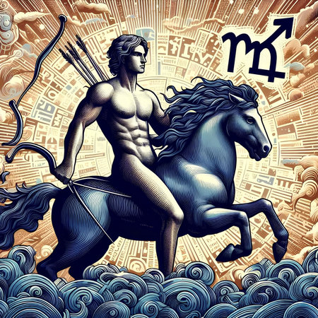 Muscular man with a bow and arrow on the background of the city.の素材