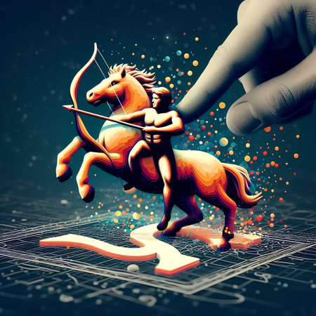 Digital illustration of horse with bow and arrow in hand against digital backgroundの素材