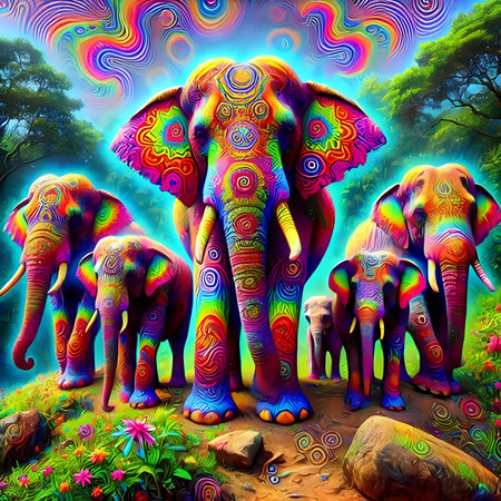 Elephants in the jungle. 3D illustration. Colorful digital painting.の素材