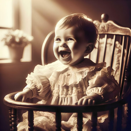 Portrait of a laughing baby girl in a dress sitting on a chairの素材