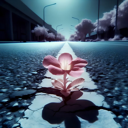 abstract scene with flower in the middle of the road. 3d renderの素材