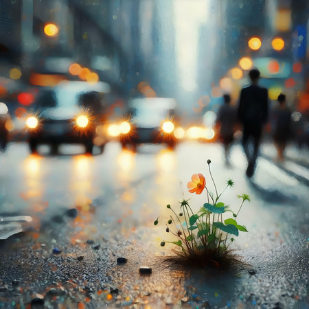 Flower on the wet asphalt of the city. Blurred backgroundの素材