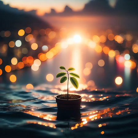 Young plant in a pot on the background of the city at sunsetの素材