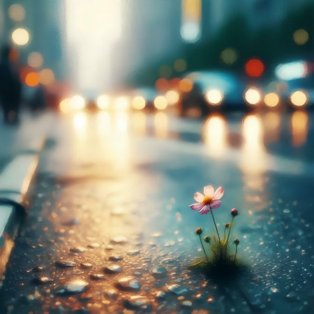 Flower on the wet street with bokeh lights background.の素材
