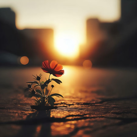 Beautiful red flower on the background of the setting sun in the cityの素材