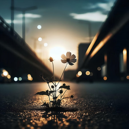 Conceptual image of a plant growing through wet asphalt at nightの素材