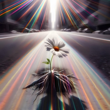abstract scene of daisy flower in the road with light raysの素材