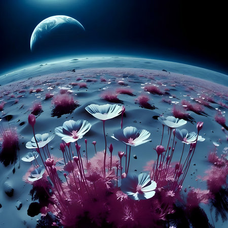 Fantasy landscape with cosmos flowers and planet. 3D illustration.の素材