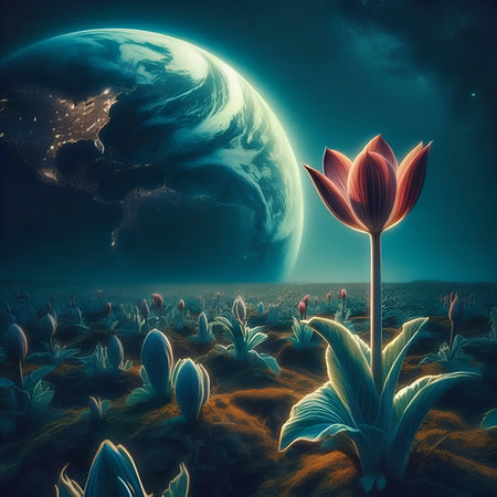 Fantasy alien planet. 3D illustration. Moon and flowers.の素材