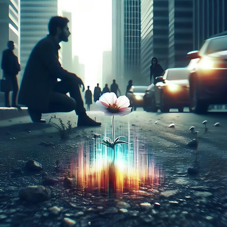 Double exposure of people walking on the street with cityscape background.の素材