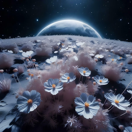 Cosmos flowers on the background of the planet. 3D renderingの素材