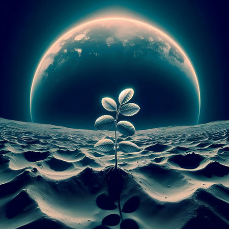 3d render of a green plant in the desert with the moonの素材