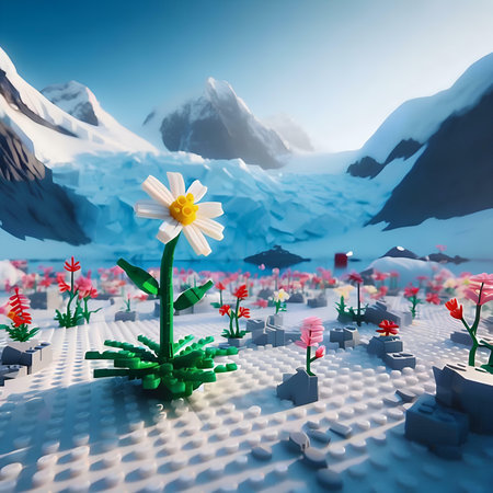3d render of a mountain landscape with a flower in the foregroundの素材